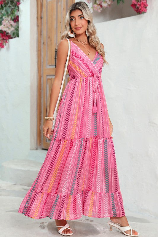 Pink Tribal Tassel Tie V Neck Surplice Maxi Dress - Tigbul's Variety Fashion Shop