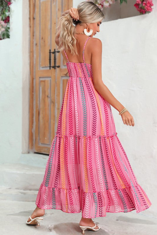 Pink Tribal Tassel Tie V Neck Surplice Maxi Dress - Tigbul's Variety Fashion Shop