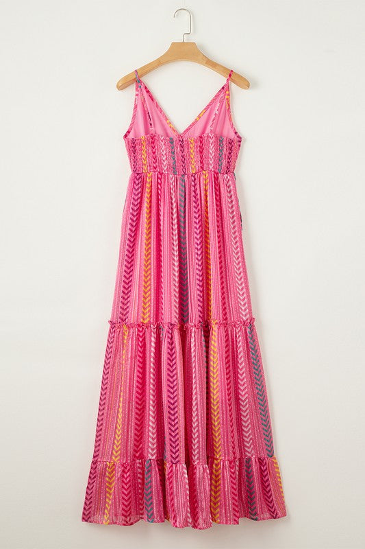 Pink Tribal Tassel Tie V Neck Surplice Maxi Dress - Tigbul's Variety Fashion Shop