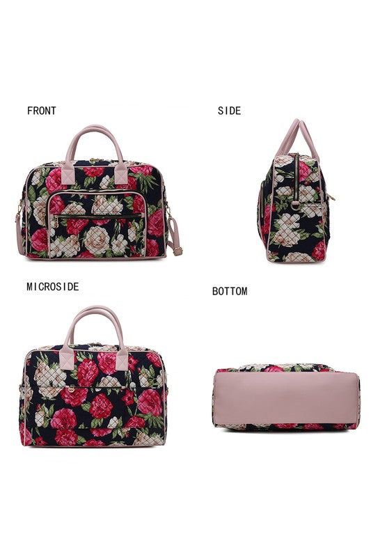 Jayla duffle bag layout views: front, side, microside, bottom—botanical print