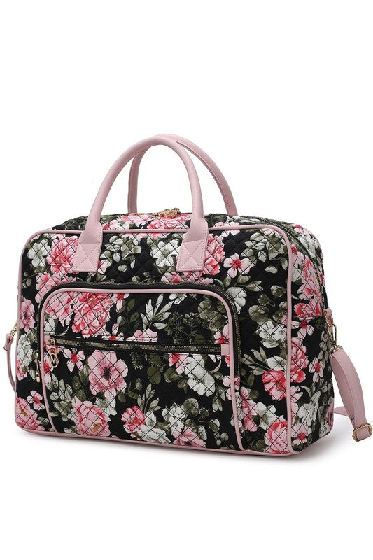 Black base floral duffle bag with pink roses, top handles, front zip pocket, side strap