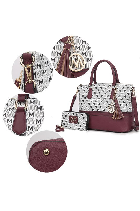 Burgundy Saylor tote set close-up: monogram pattern, tassel detail, zip wallet and strap.