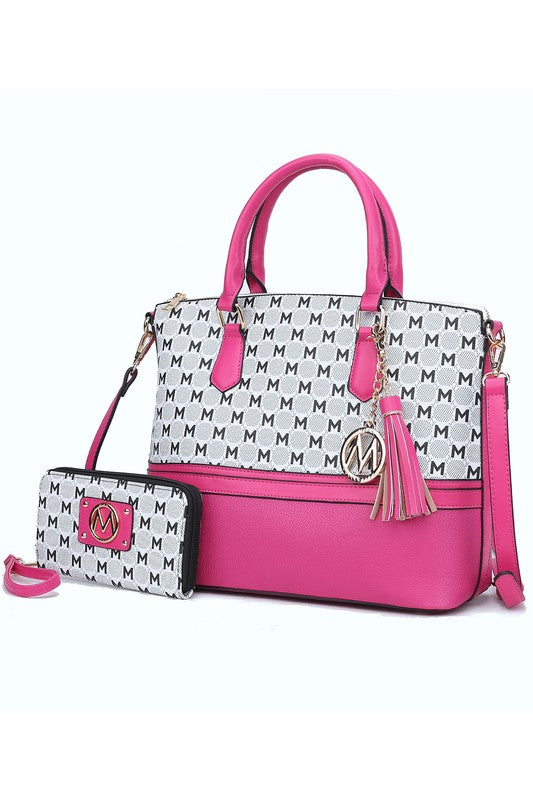 Fuchsia pink tote bag with M logo pattern, tassel charm, plus matching zip wallet pouch