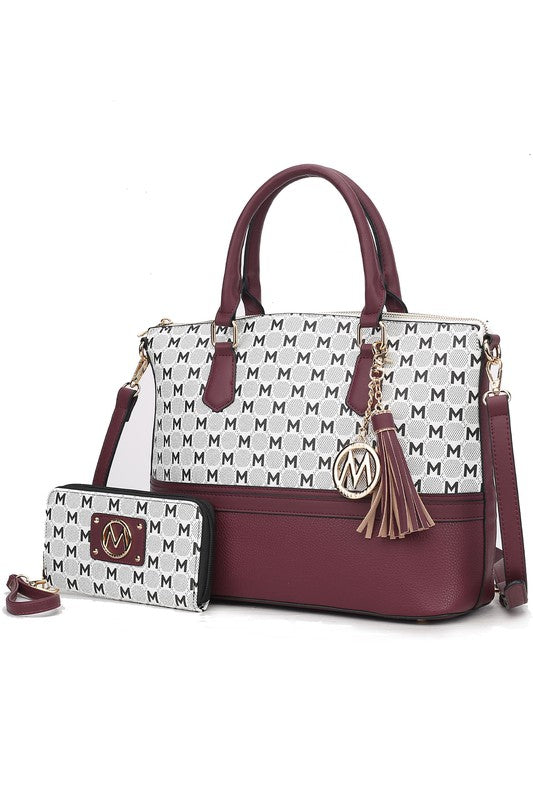 Burgundy Saylor tote set with M monogram print, tassel charm, and matching wallet.