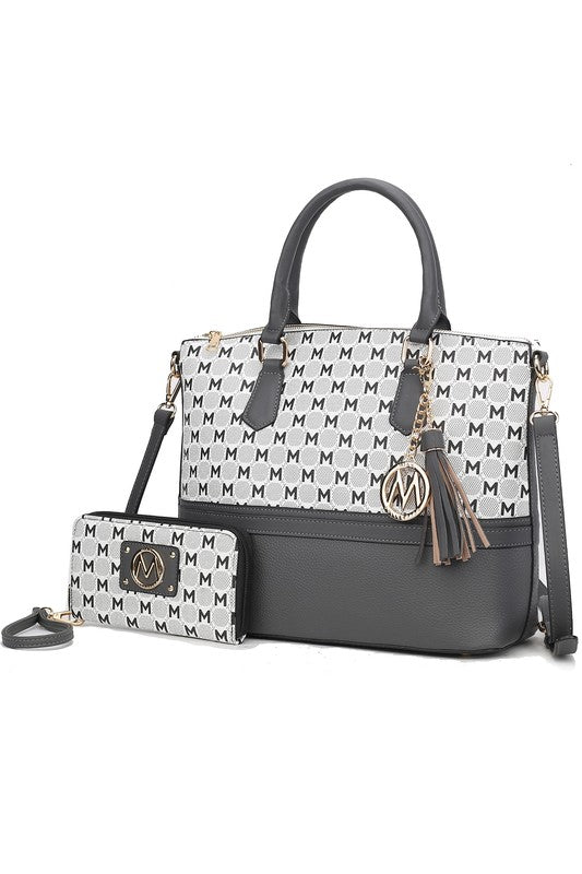 Charcoal Saylor tote set: monogram print, tassel charm, top handles and matching wallet.