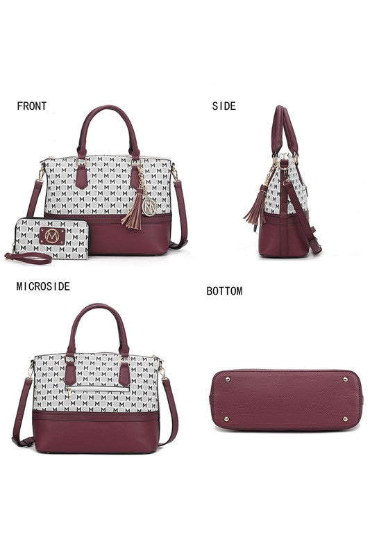 Burgundy tote and matching wallet, shown front/side/crossbody/bottom views.