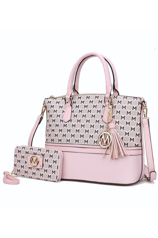 Light pink tote bag with M logo pattern, tassel charm, plus matching zip wallet pouch