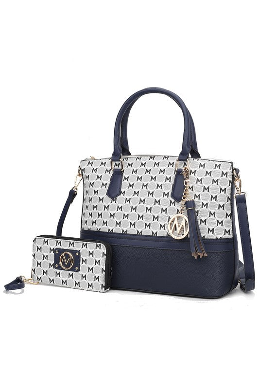 Navy tote bag with M logo pattern and tassel, plus matching zip wallet pouch