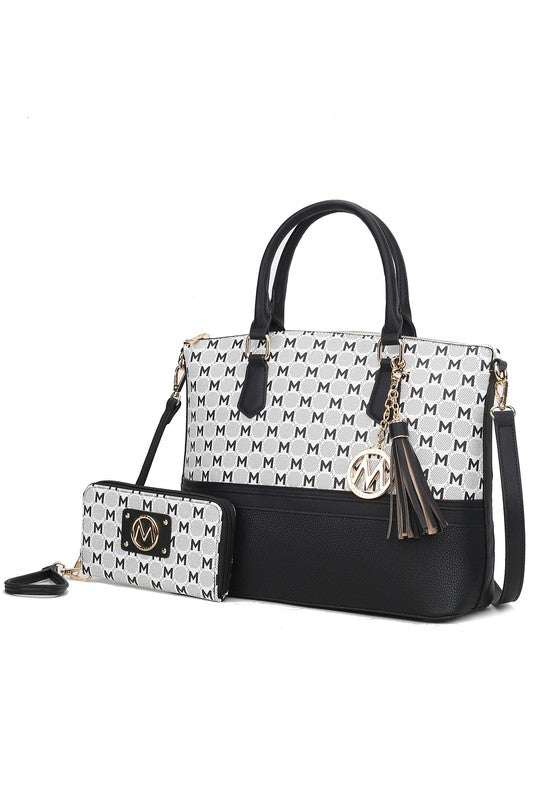 Black tote bag with M logo pattern and tassel, with matching zip wallet pouch