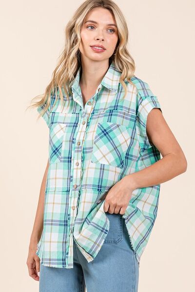 Turquoise Mineral Wash Plaid Button Down Shirt - Tigbul's Variety Fashion Shop