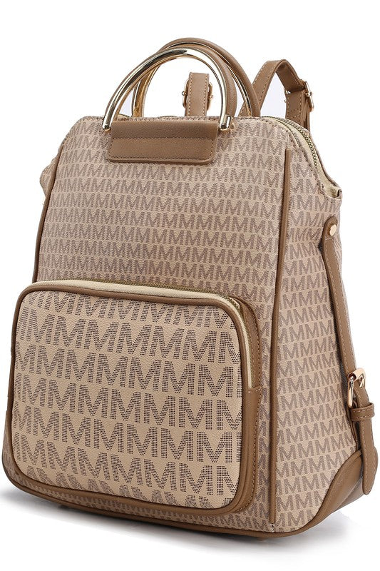 Tan printed women’s backpack with top handle, front zip organizer, and crossbody strap