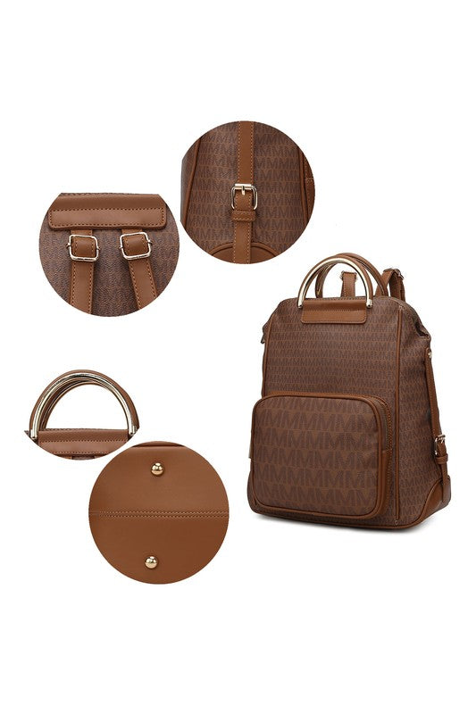 Printed women’s backpack in dark brown with top handles and zip front pocket