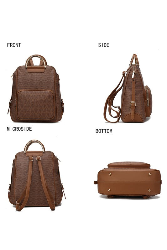 Dark brown printed MKF Collection backpack—front, side, back straps, and bottom view