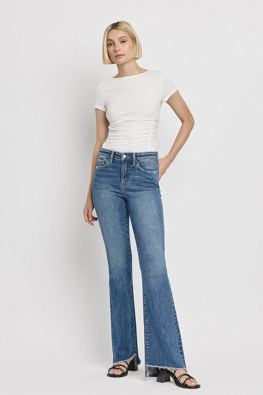 High Rise Slant Hem Flare Jeans - Tigbul's Variety Fashion Shop