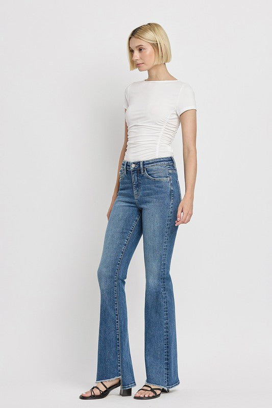 High Rise Slant Hem Flare Jeans - Tigbul's Variety Fashion Shop