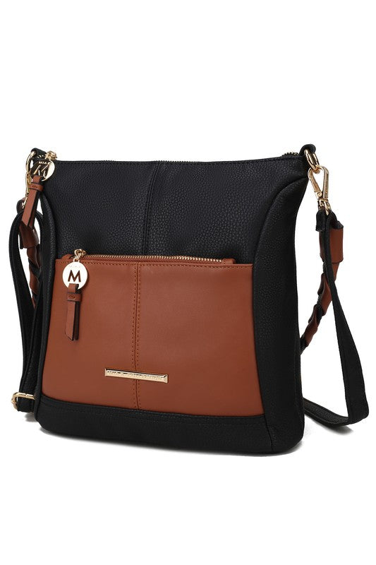 Nala vegan leather shoulder bag, black with brown front panel and braided strap