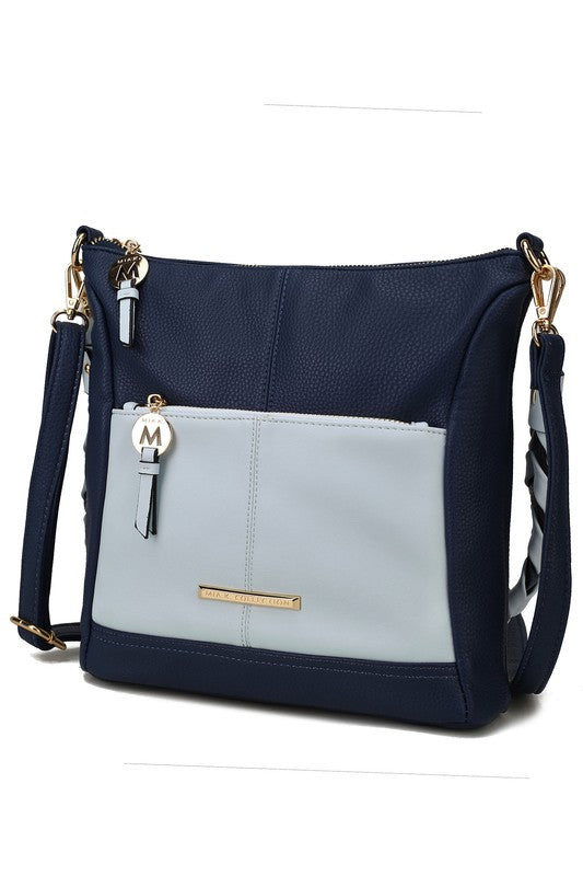 Nala vegan leather shoulder bag, navy with light gray front panel and gold trim