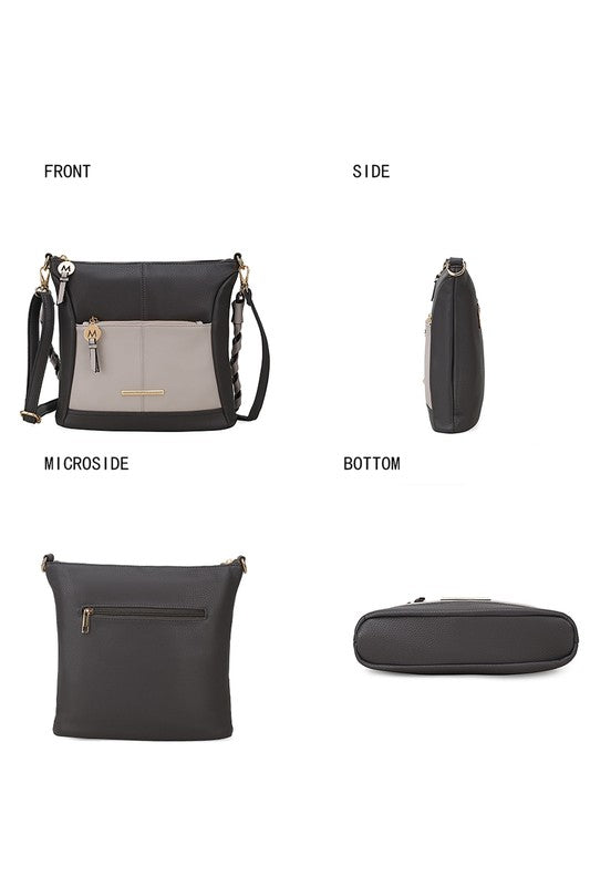 Nala vegan leather shoulder bag views: front, side, microside and bottom