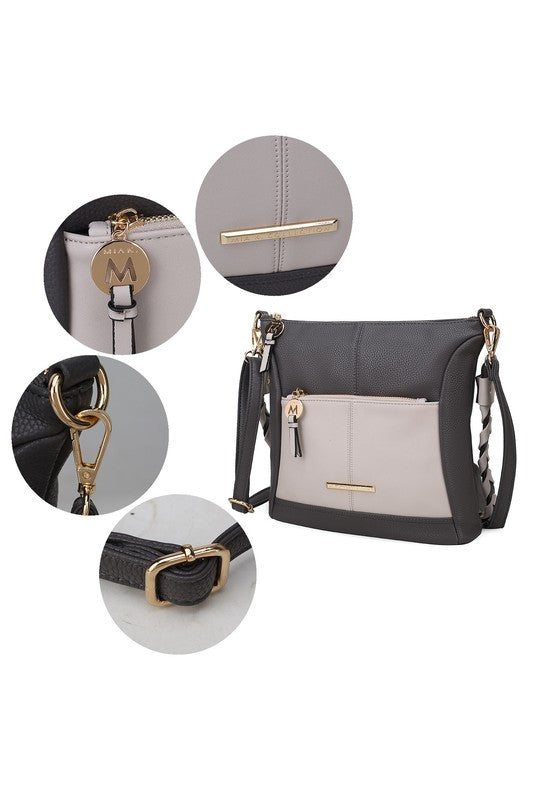 Nala vegan leather shoulder bag details: braided strap, tassel pull, light panel