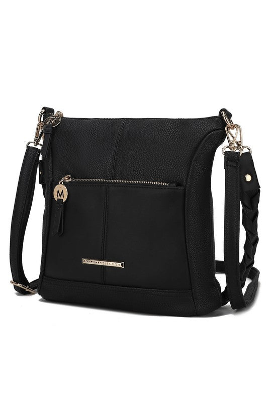 Nala vegan leather shoulder bag, solid black with front zipper pocket and braided strap