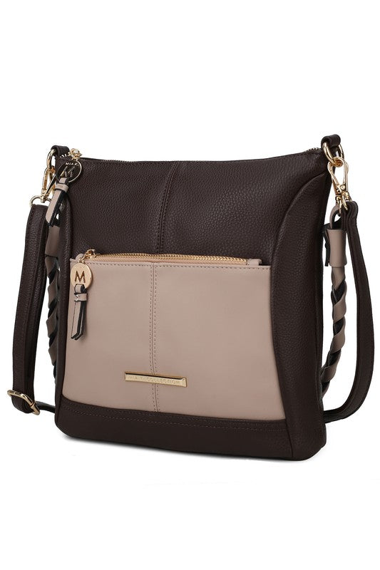 Nala vegan leather shoulder bag in dark brown with beige center panel and gold bar