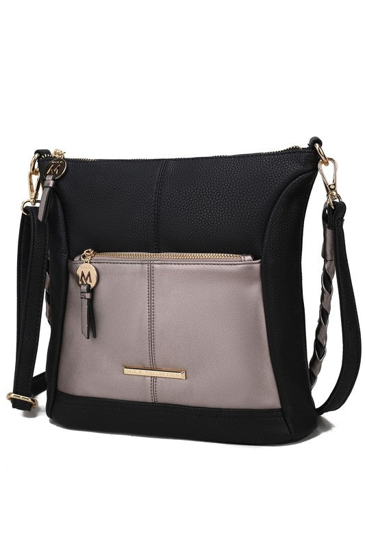 Nala vegan leather shoulder bag, black with gray center panel and front zipper