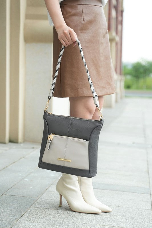 MKF Collection Nala vegan leather shoulder bag, black with light panel and braided strap