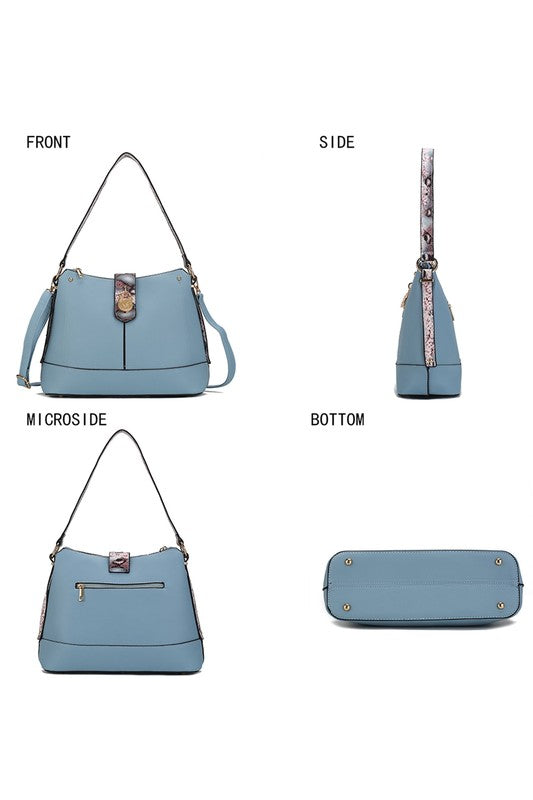 Blue shoulder bag layout: front, side, micro side, and bottom views