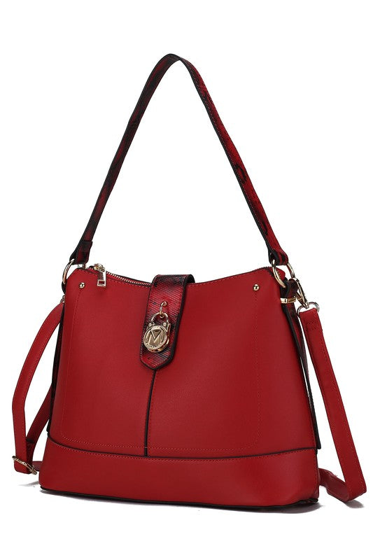 Red snake vegan leather shoulder bag with top handle and matching shoulder strap
