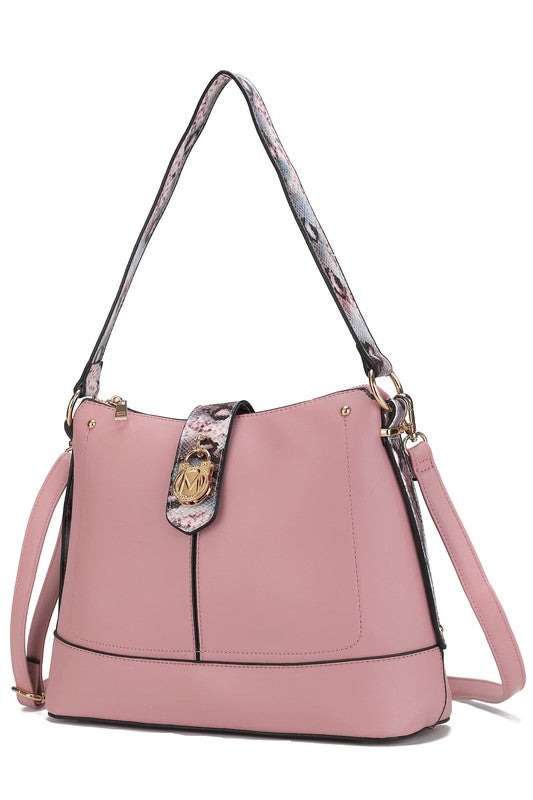 Blush pink snake vegan leather shoulder bag with center strap and side hardware