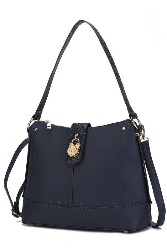 Navy snake vegan leather shoulder bag with front center panel and charm key fob