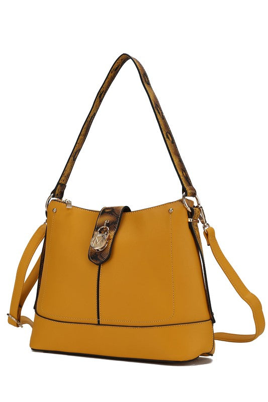 Mustard yellow snake vegan leather shoulder bag with front panel seam and charm