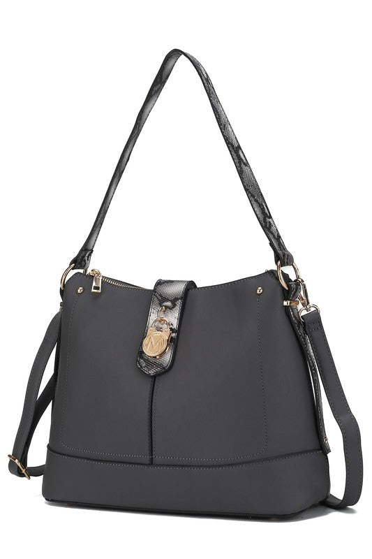 Black snake vegan leather shoulder bag with front seam panel and side strap hardware