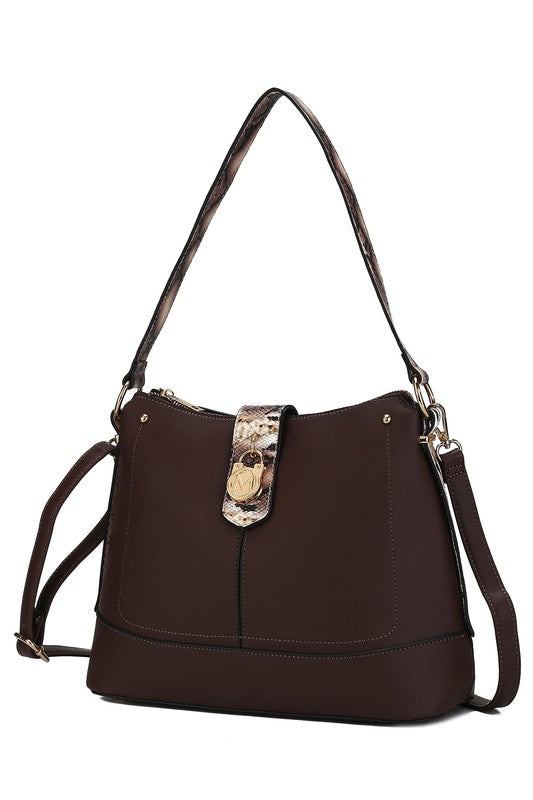 Dark brown snake vegan leather shoulder bag with top handles and charm fob