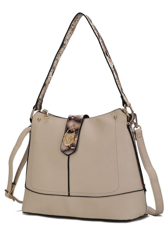 Snake-look vegan leather shoulder bag in beige with center tab and gold logo charm