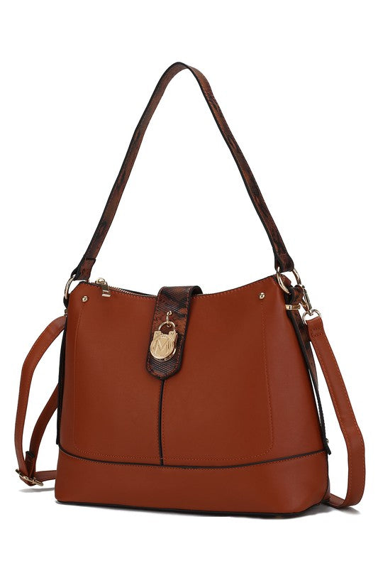 Cognac brown snake vegan leather shoulder bag with crossbody strap and gold-tone charm