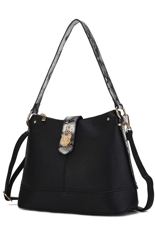 Snake-look vegan leather shoulder bag in black with gold hardware and curved bucket shape