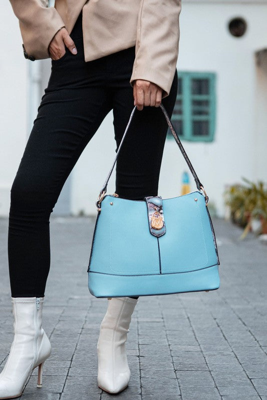 MKF Collection snake vegan leather shoulder bag, light blue bucket style with crossbody strap