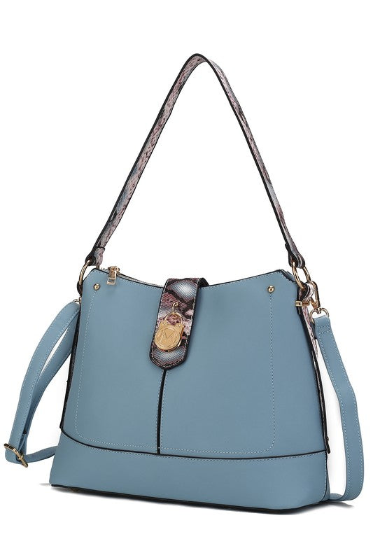 Snake-look vegan leather shoulder bag in blue with structured panels and gold-tone hardware