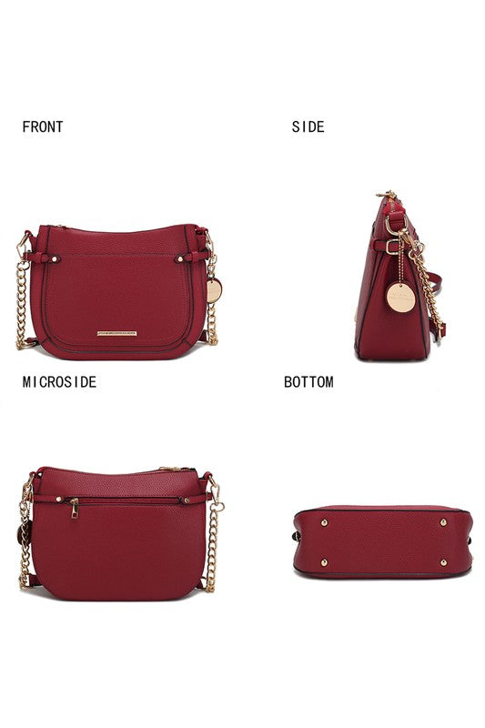 Red Raelynn bag layout: front, side, microside, and bottom views with chain strap