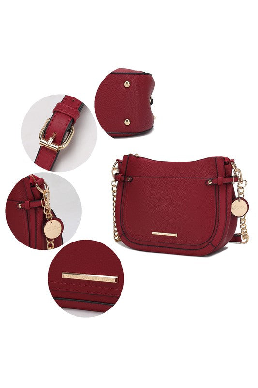 Red Raelynn bag close-ups: front flap pocket, strap hardware, and gold-tone bar detail