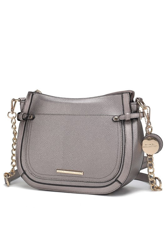 Pewter Raelynn shoulder bag with front flap pocket, gold-tone bar accent, and chain strap