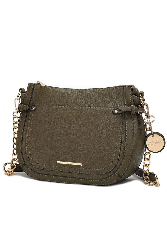 Olive Raelynn crossbody bag with chain strap, front flap pocket, and gold-tone hardware