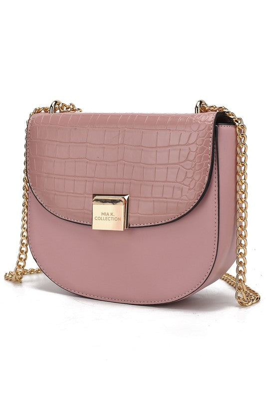 Brooklyn crossbody bag in blush pink croc-texture, gold chain, front flap.