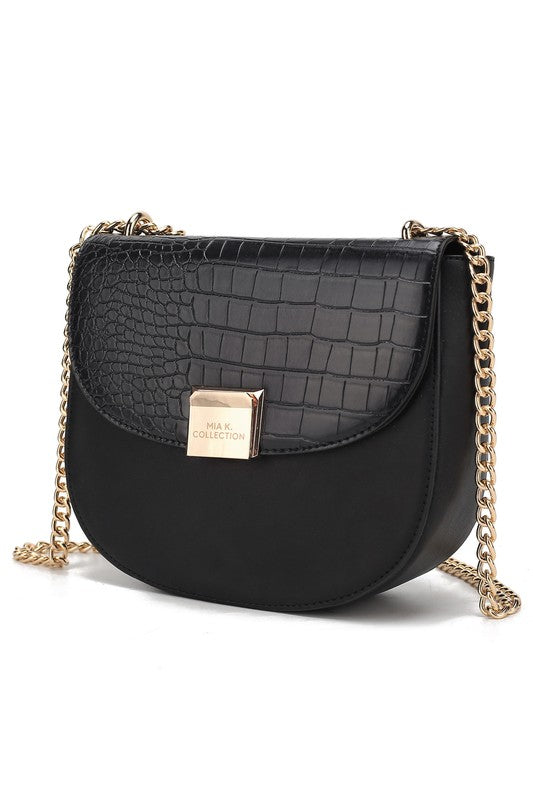 Brooklyn crossbody bag in dark navy croc-texture with gold chain and front flap.