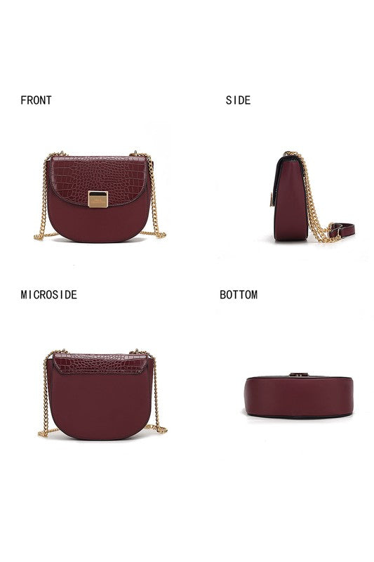 Brooklyn half-moon crossbody bag with burgundy finish, gold chain, structured base