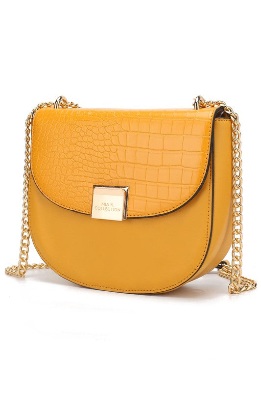 Brooklyn crossbody bag in yellow croc-texture, gold chain strap, flap closure.