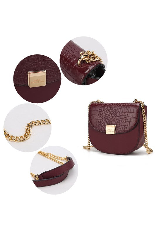 Burgundy half-moon crossbody bag with gold chain strap and square gold clasp