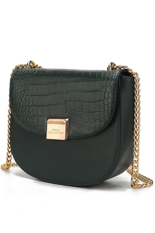 Brooklyn crossbody bag in forest green croc-texture with gold chain and flap.