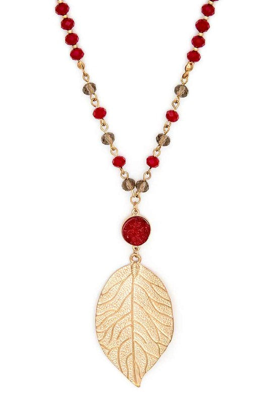 Textured Leaf Pendant Long Crystal Necklace - Tigbul's Variety Fashion Shop